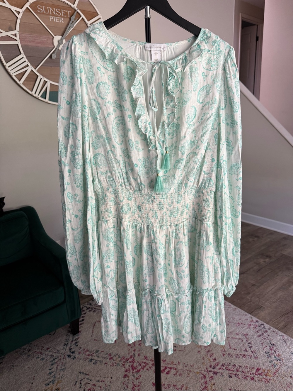 House of Harlow Light Mint Paisley Long-Sleeve Smock Waist Dress